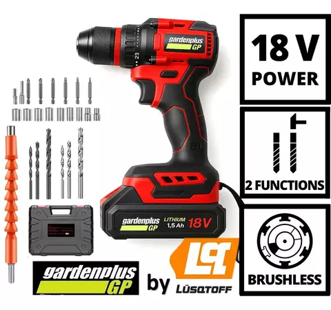 Taladro Brushless Atornillador 18v Garden Plus Lusqtoff con accesorios