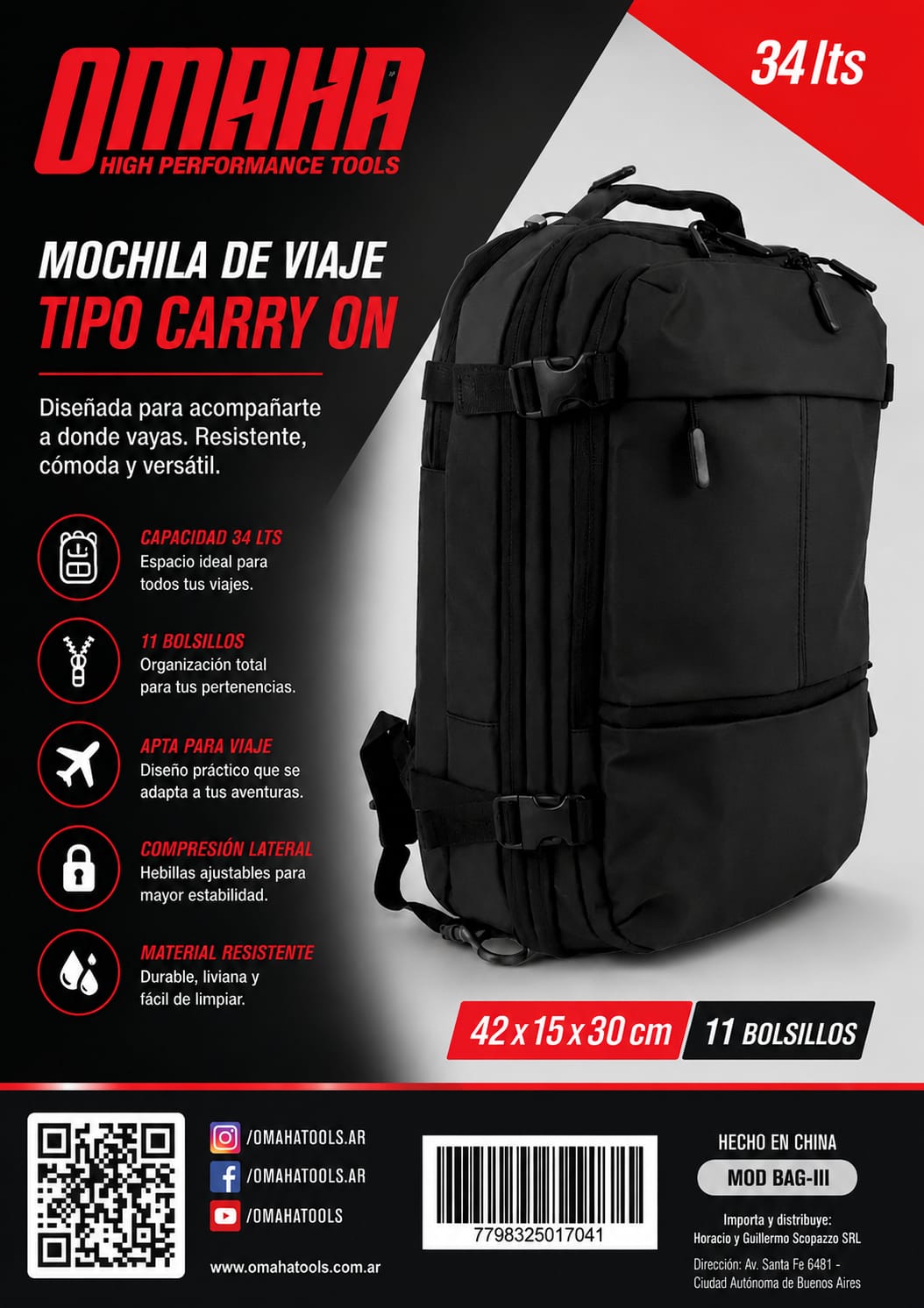 Mochila de viaje Omaha tipo carry on 